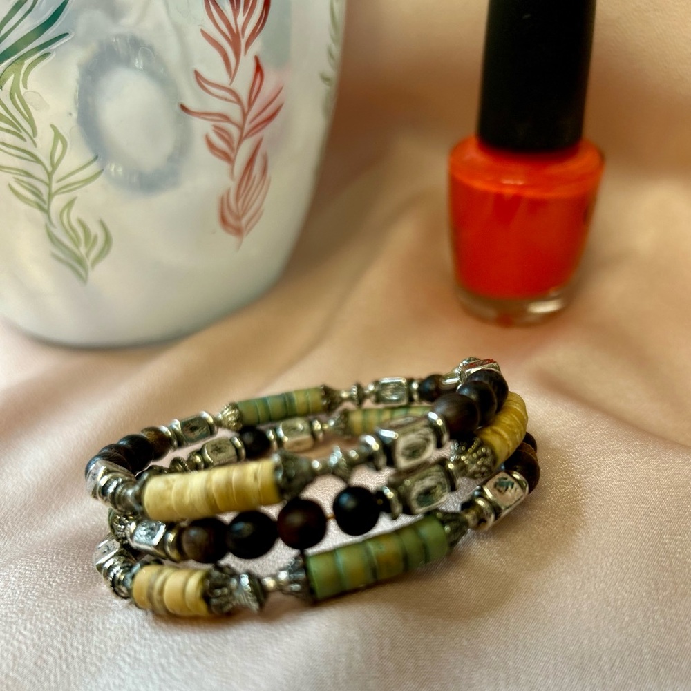 Green and Yellow Beaded Multi-Strand Coil Bracelet